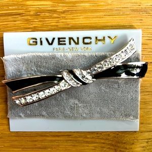 GIVENCHY VINTAGE Rhinestone Black Enamel Bow Brooch.